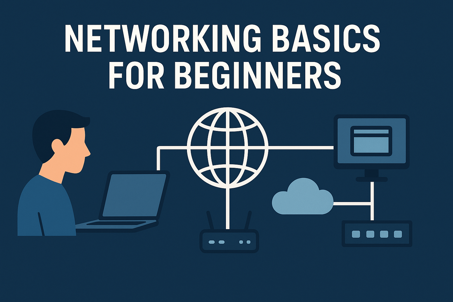 An infographic for a guide on computer networking basics for beginners, showing how a device uses an IP address, ports, and protocols to communicate on the internet.