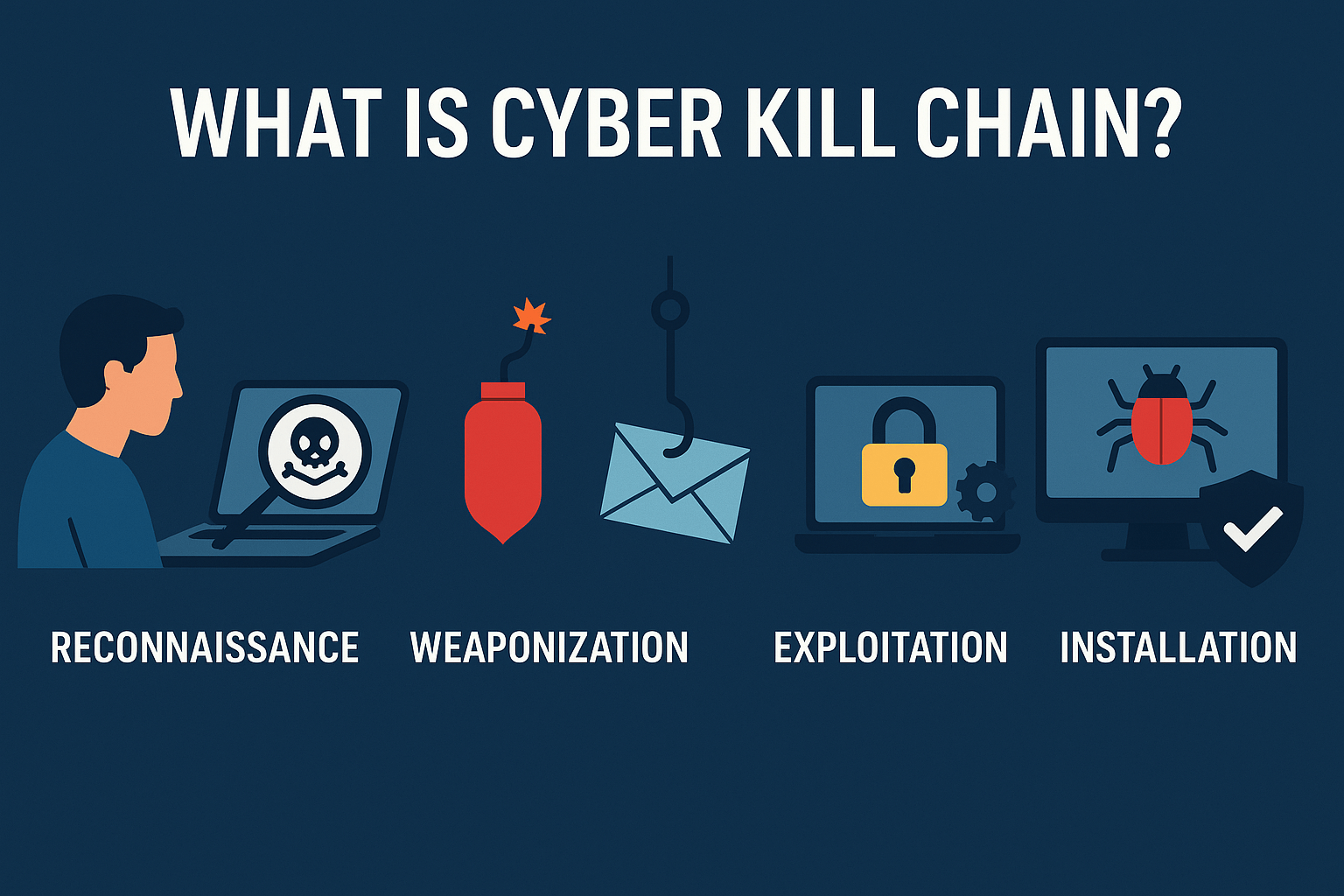 An infographic explaining what the Cyber Kill Chain is, showing the 7 sequential steps of a cyberattack from reconnaissance to actions on objectives.