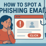 Infographic showing how to spot a phishing email, depicting an anonymous hacker and a fish hook holding a malicious envelope, symbolizing common phishing red flags.