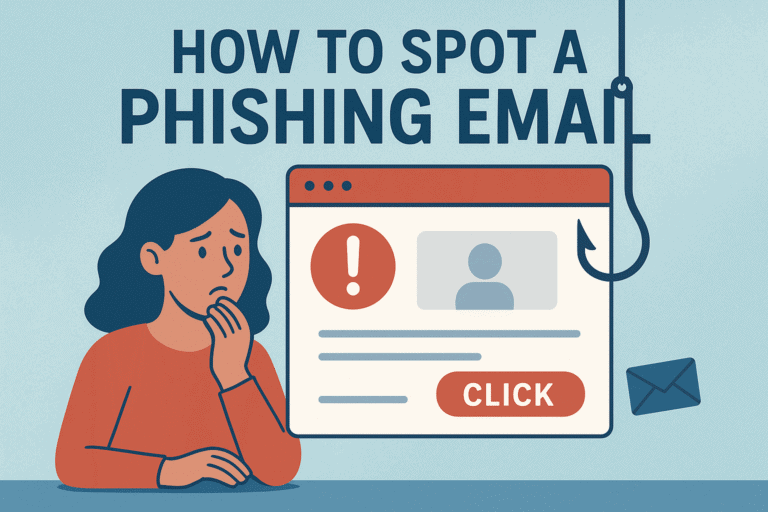 Infographic showing how to spot a phishing email, depicting an anonymous hacker and a fish hook holding a malicious envelope, symbolizing common phishing red flags.