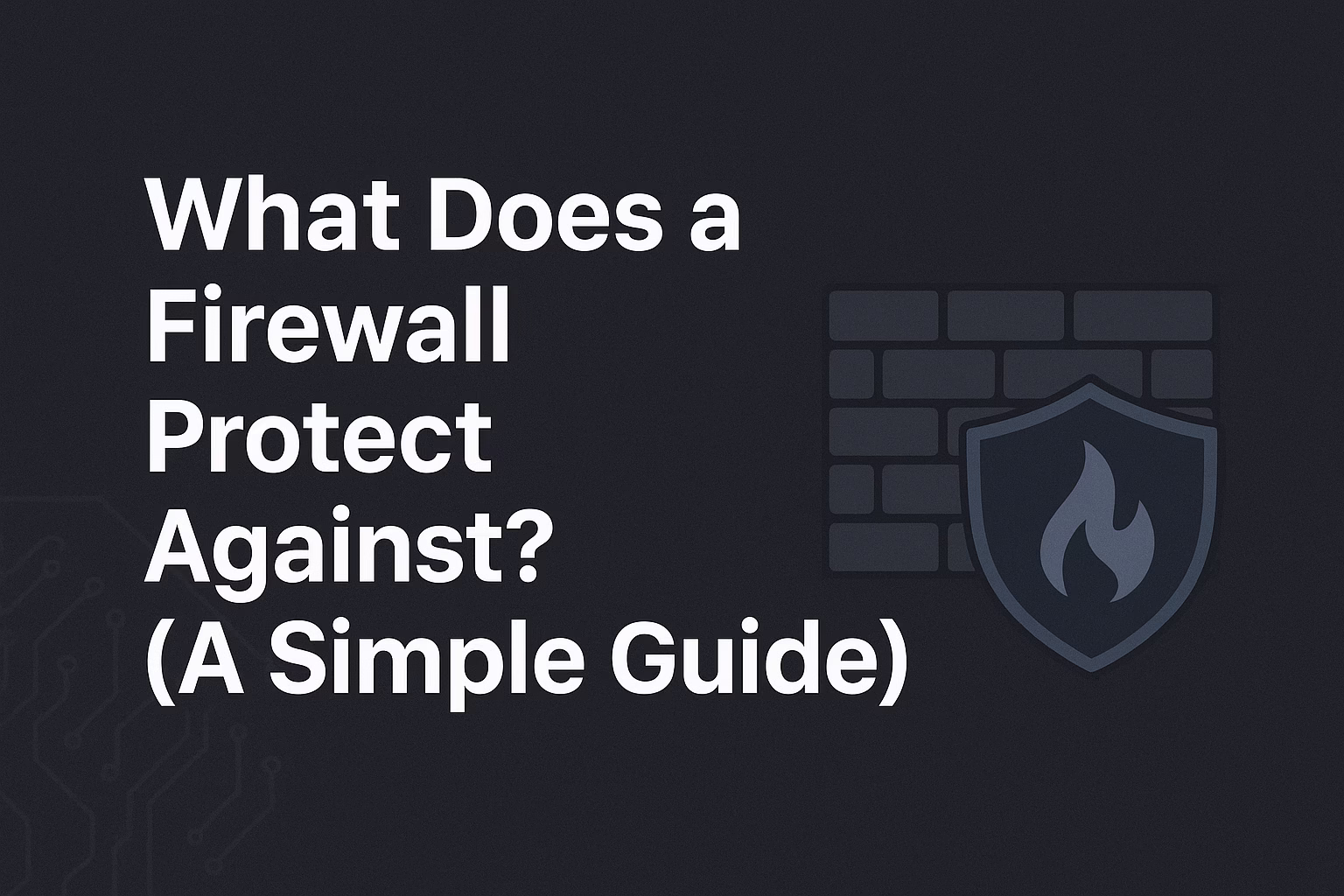 An abstract cybersecurity graphic illustrating what a firewall protects against, showing a digital shield with a brick wall pattern blocking malicious red data and malware from reaching a secure network of computers.