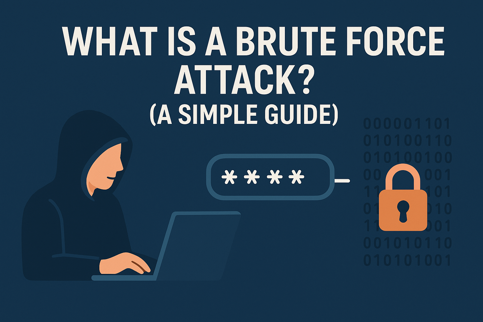 An infographic for a guide on what is a brute force attack, showing a password field being flooded with letters and numbers to represent a bot guessing passwords.