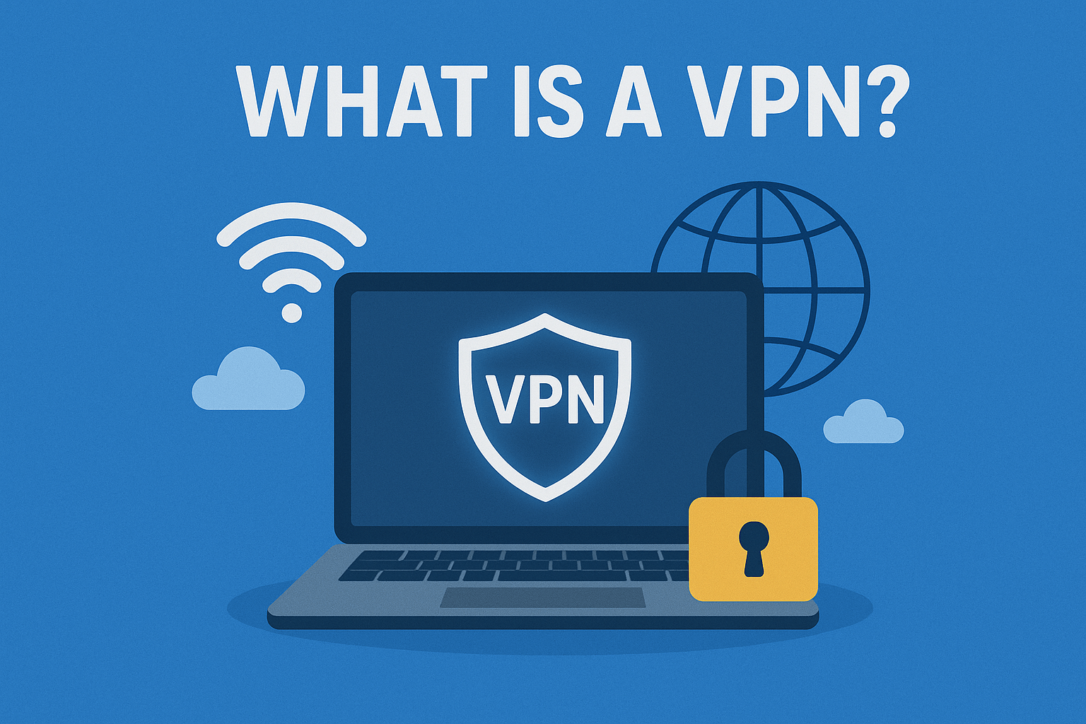 An infographic for a guide on what is a VPN, showing a laptop creating a secure, glowing tunnel through the public internet to protect its data.