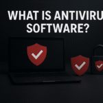 An illustration for a guide on what is antivirus software, showing a glowing digital shield protecting a computer from red viruses and malware attacks.