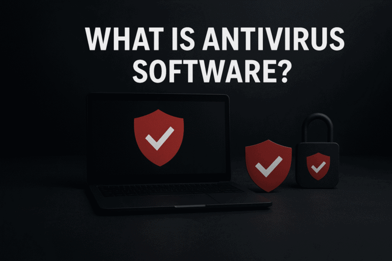An illustration for a guide on what is antivirus software, showing a glowing digital shield protecting a computer from red viruses and malware attacks.