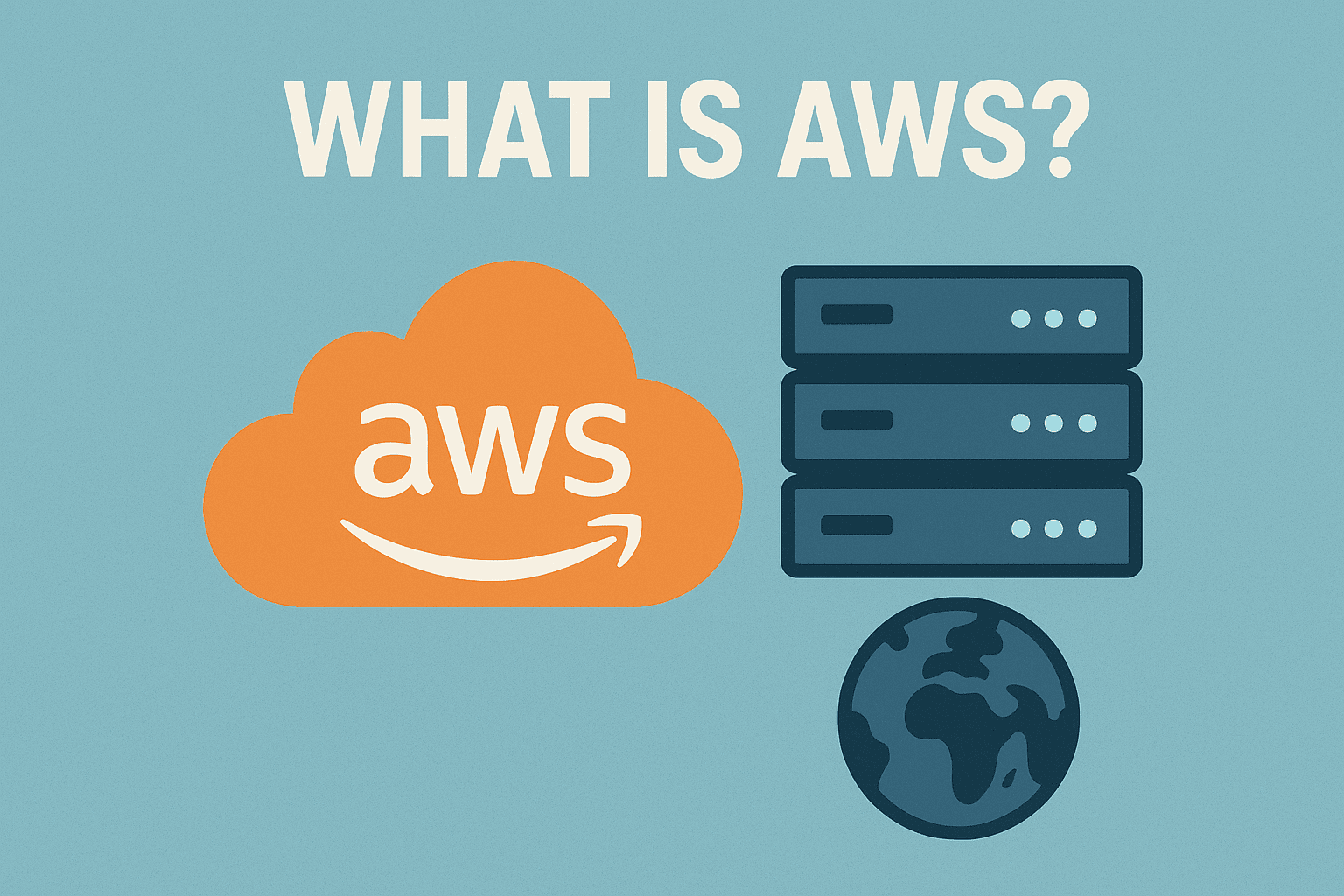 An infographic explaining what AWS is, showing the Amazon Web Services logo surrounded by icons representing its core cloud services like EC2, S3, RDS, and VPC.