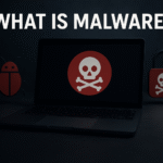 Conceptual image for a guide on what is malware, showing a computer screen with a red skull made of digital code representing various types of malware threats.