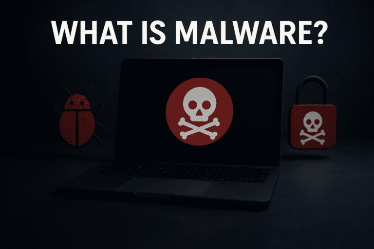 Conceptual image for a guide on what is malware, showing a computer screen with a red skull made of digital code representing various types of malware threats.