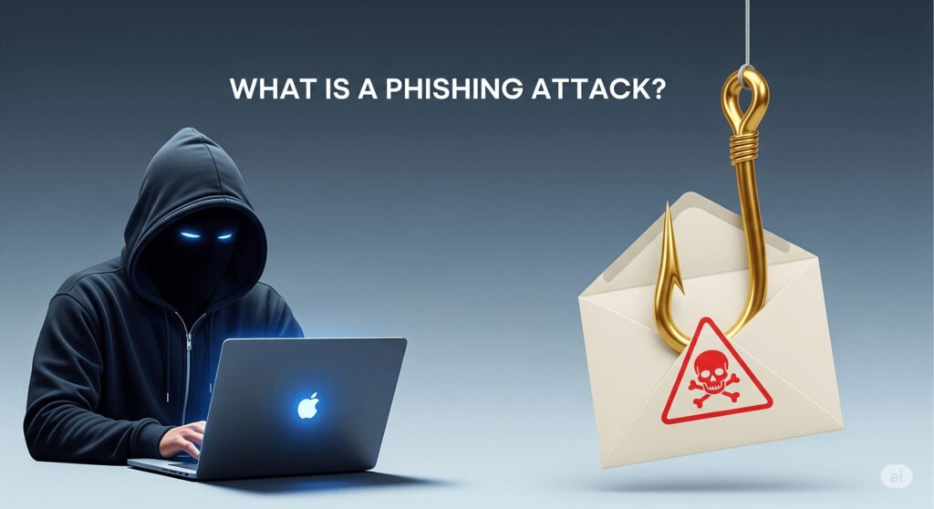 An infographic explaining what a phishing attack is, showing an anonymous hacker on a laptop and a large fish hook holding a malicious email envelope.