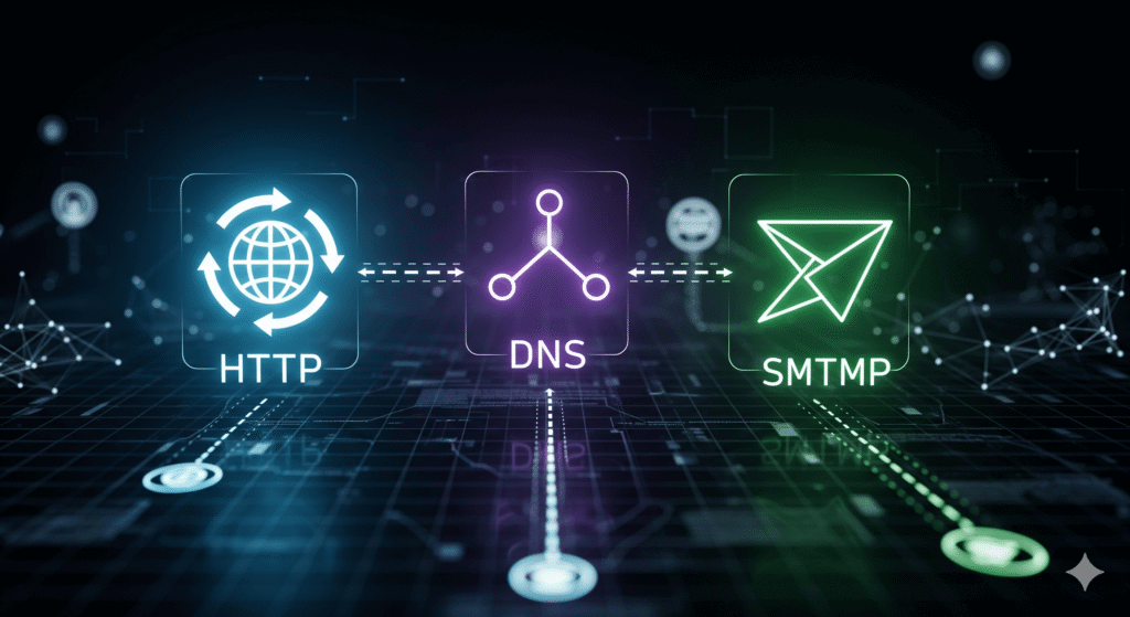 Conceptual image representing the Application Layer (Layer 7) of the OSI Model, with icons for web browsing, email, and file transfer over a network.