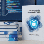 A featured image for a guide to the best cybersecurity books for beginners, showing a stack of books with the top one titled 'Cybersecurity Fundamentals'.