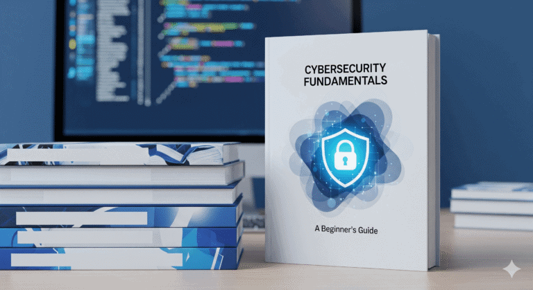 A featured image for a guide to the best cybersecurity books for beginners, showing a stack of books with the top one titled 'Cybersecurity Fundamentals'.