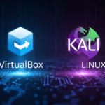 A featured image for a guide on setting up a cybersecurity lab for beginners, showing the logos for VirtualBox and Kali Linux on a tech background.
