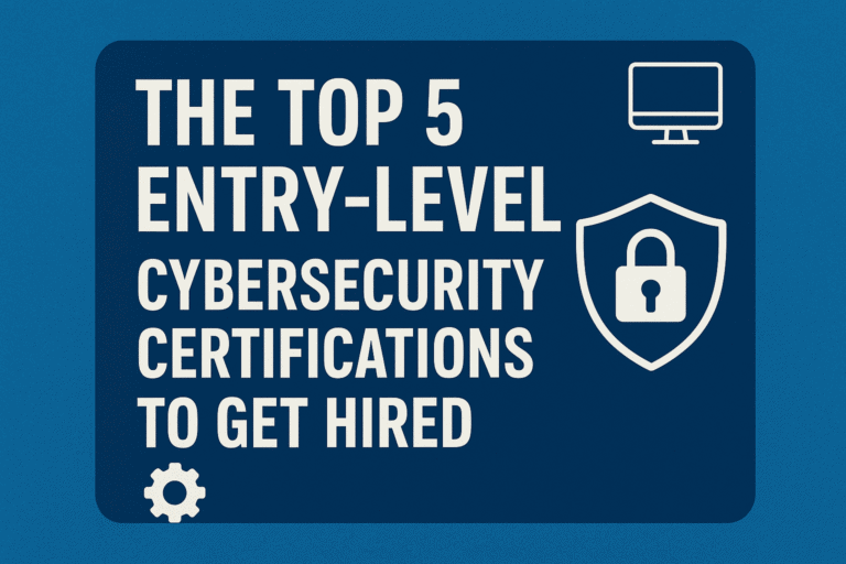 An infographic roadmap for a guide to the top 5 entry-level cybersecurity certifications. The image shows a digital path with markers for certs like CompTIA Security+ and ISC2 CC.