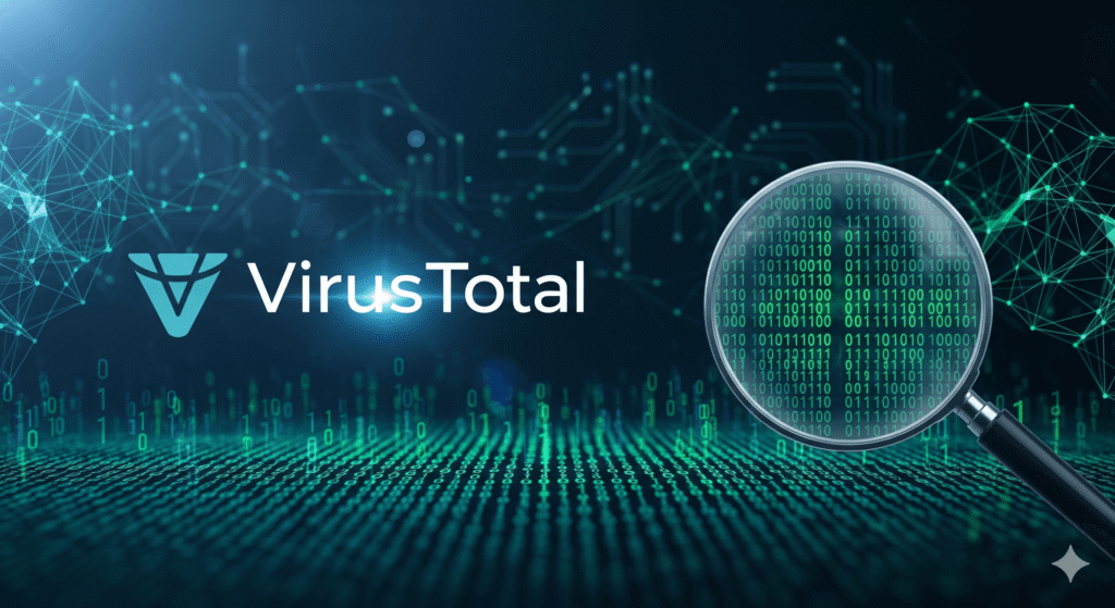 A featured image for a guide on how to use VirusTotal, showing the VirusTotal logo next to a magnifying glass scanning binary code for threats.