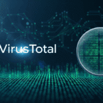 A featured image for a guide on how to use VirusTotal, showing the VirusTotal logo next to a magnifying glass scanning binary code for threats.