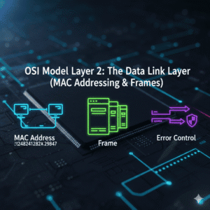 A diagram for the OSI Data Link Layer, illustrating MAC Address (with example), Data Frame, and Error Control functions on a circuit board background.