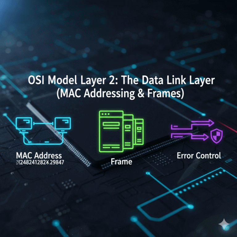 A diagram for the OSI Data Link Layer, illustrating MAC Address (with example), Data Frame, and Error Control functions on a circuit board background.