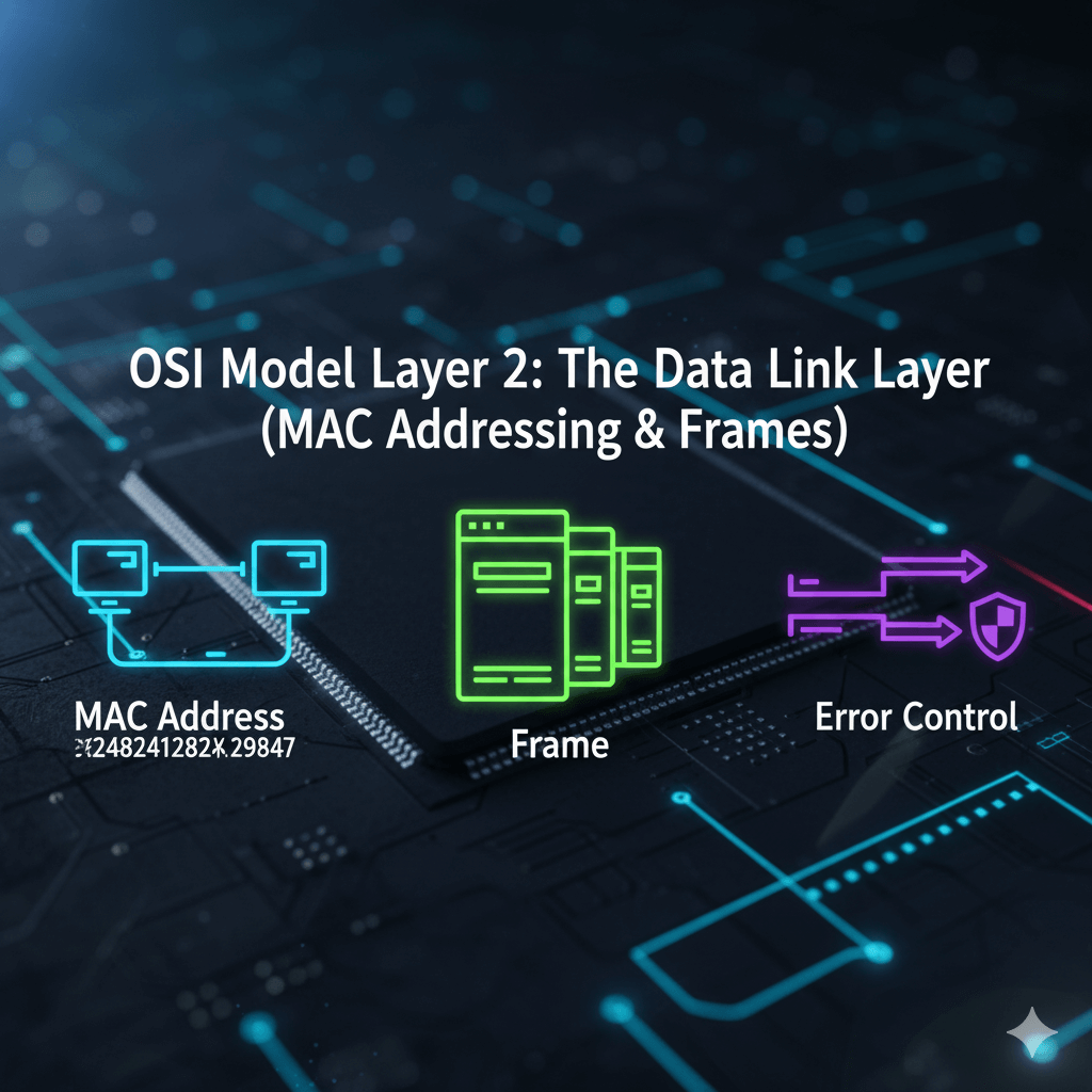 A diagram for the OSI Data Link Layer, illustrating MAC Address (with example), Data Frame, and Error Control functions on a circuit board background.