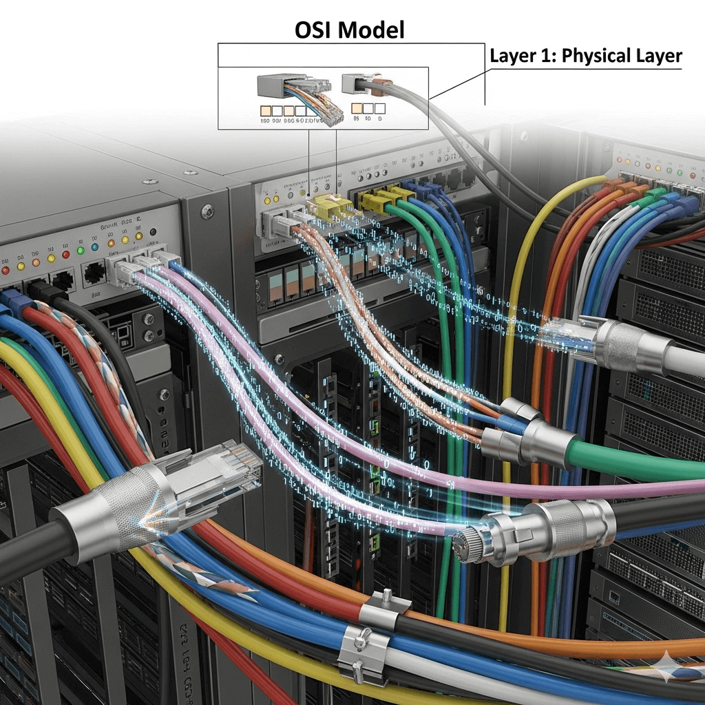 OSI Model Layer 1 Physical Layer explained with cables, signals, and bits