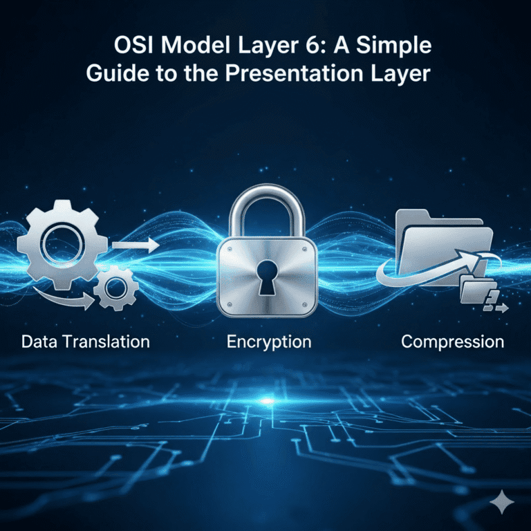 A diagram of the OSI Presentation Layer's three main functions: Data Translation shown with gears, Encryption shown with a padlock, and Compression shown with files.