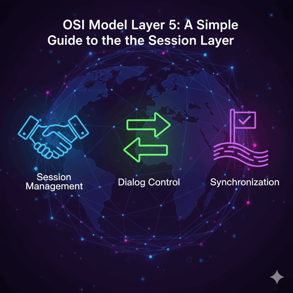 A diagram of the OSI Session Layer's functions, featuring icons for session management (handshake), dialog control (arrows), and synchronization (checkpoint flag).