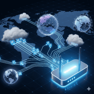 A diagram of the OSI Network Layer showing a router connecting various global networks and directing data packets with IP addresses across a world map background.