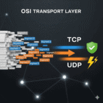 A diagram of the OSI Transport Layer showing data segments splitting into two paths: the reliable TCP path symbolized by a shield, and the fast UDP path symbolized by a lightning bolt.