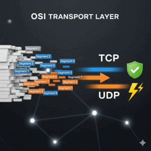 A diagram of the OSI Transport Layer showing data segments splitting into two paths: the reliable TCP path symbolized by a shield, and the fast UDP path symbolized by a lightning bolt.