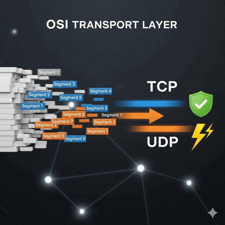 A diagram of the OSI Transport Layer showing data segments splitting into two paths: the reliable TCP path symbolized by a shield, and the fast UDP path symbolized by a lightning bolt.