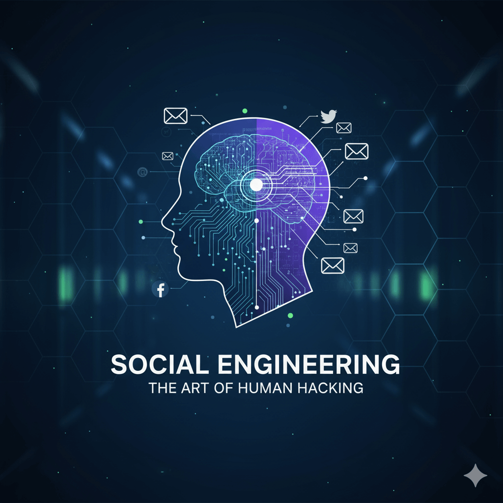 A visual representation of social engineering concepts, featuring a human head outline as a circuit board with connected social media and email icons, emphasizing the 'human hacking' aspect. The title 'What is Social Engineering? (The Art of Human Hacking)' is clearly visible.