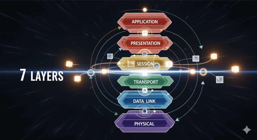 An abstract visualization of the OSI Model, showing the 7 layers of networking from the Application layer to the Physical layer.