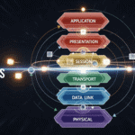An abstract visualization of the OSI Model, showing the 7 layers of networking from the Application layer to the Physical layer.