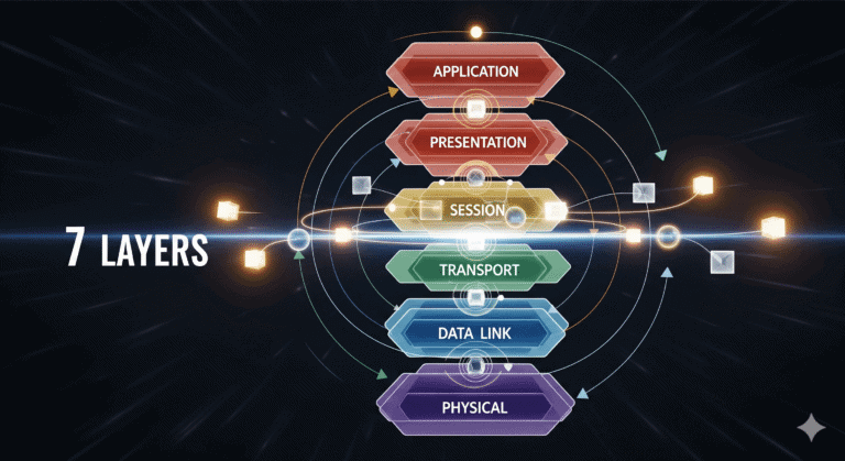 An abstract visualization of the OSI Model, showing the 7 layers of networking from the Application layer to the Physical layer.
